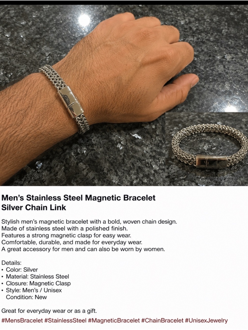 Men's Stainless Steel Woven Magnetic Bracelet - Silver